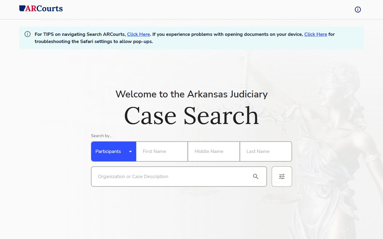 Search ARCourts interface for Independence County court records after arrest